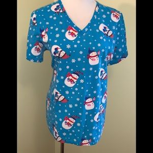 V-neck snowman with snowflakes scrub top